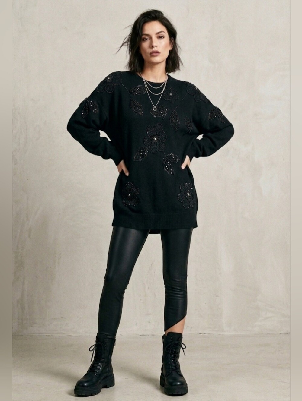 Elegant Black Vintage Lambswool Angora Beaded Raglan Sleeve Sweater / Sz M
